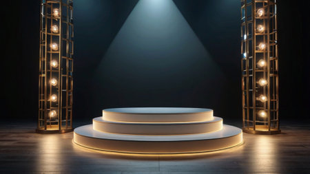 Stage podium with lighting, Stage Podium Scene with for Award Ceremony on black Background, 3d renderの写真素材