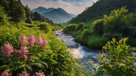 Beautiful mountain landscape with a river in the Carpathians.