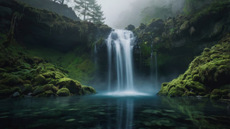 Waterfall in the misty forest. Shot in New Zealand.の写真素材