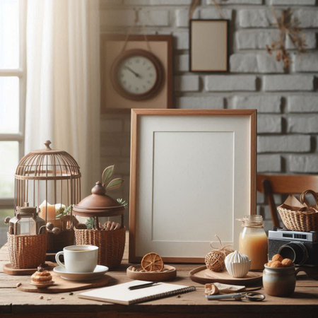 Blank picture frame, coffee cup, wicker basket and other objects on wooden table in room