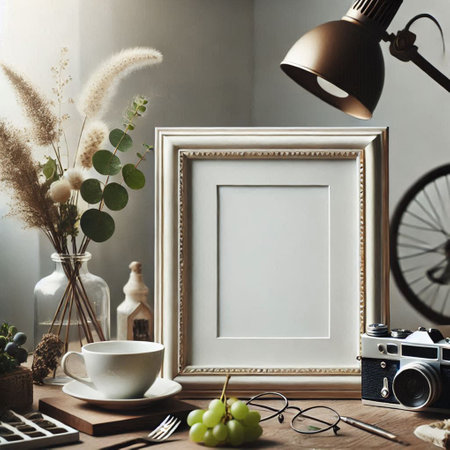 Blank picture frame mockup on wooden table. 3d renderingの写真素材