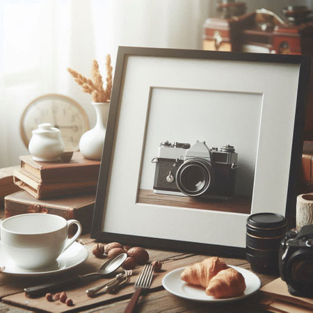 Vintage photo frame with retro camera, coffee cup and croissants on wooden tableの写真素材