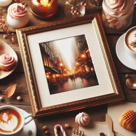 Cup of coffee with sweets and photo frame on wooden table, top view