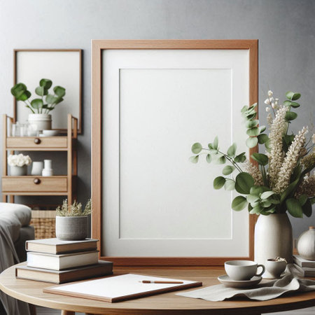Blank picture frame mockup in scandinavian interior with copy space. 3d rendering
