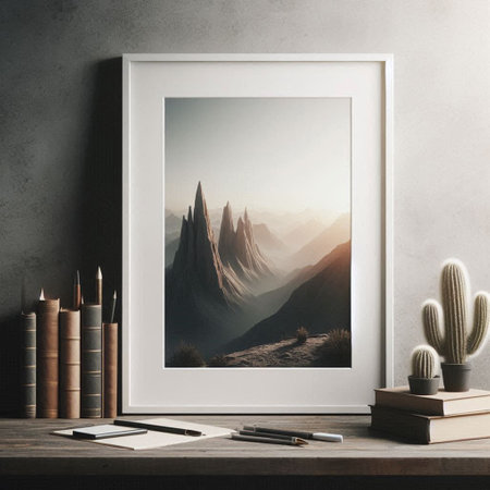 Mock up canvas frame with cactus and succulent on wooden table. 3d renderの写真素材