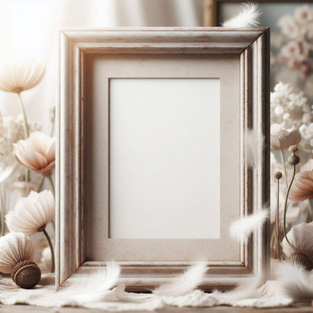 Vintage photo frame with white feathers and flowers. Mockup for design
