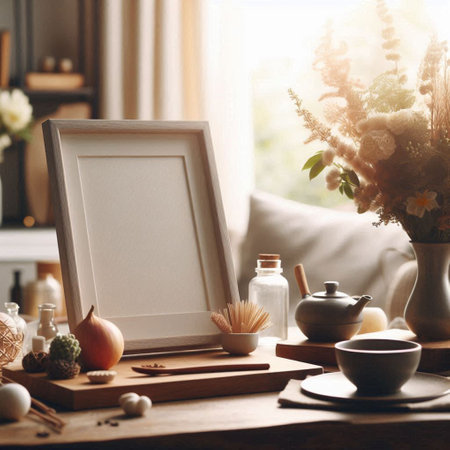 Photo frame mockup on the table in the living room, interior design