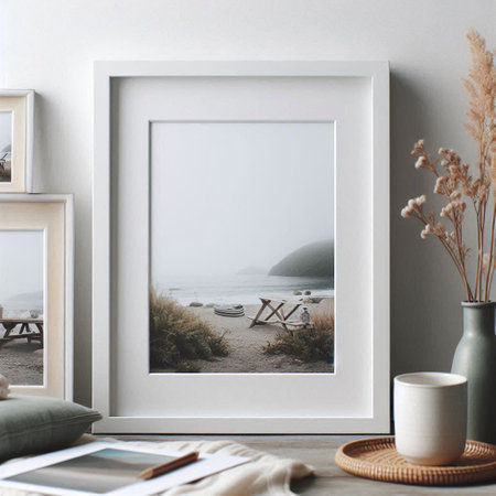 Modern scandinavian interior with mock up poster frame, coffee cup, beach chair, sunbed, pampas grass, sea view and accessories. Mock up, 3D Renderingの写真素材