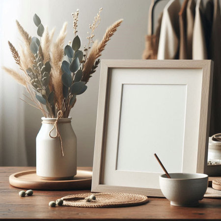 Wooden frame mockup with eucalyptus branches in vase and cup of coffee on wooden table.の写真素材