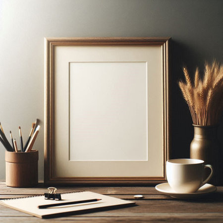 Blank picture frame mockup, cup of coffee, notebook, pencils in vase on wooden table.