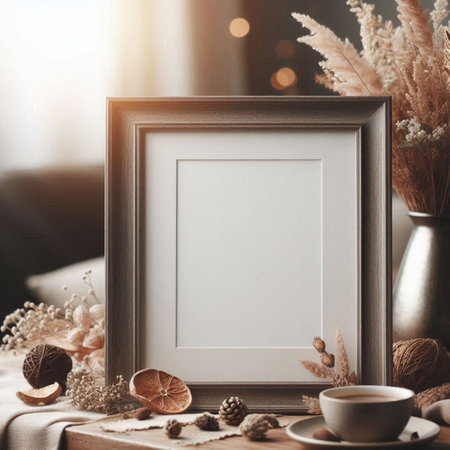 Blank picture frame mockup with a cup of coffee and dried flowers on a wooden table.