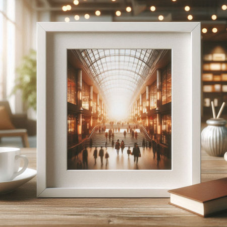 Blank picture frame on wooden table with people walking around. Mock up, 3D Rendering