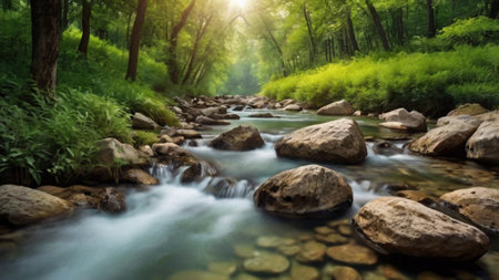 Mountain river flowing through the green forest in summer. Nature backgroundの写真素材
