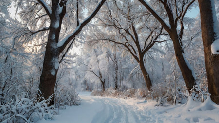Beautiful winter landscape with trees covered with hoarfrost and snow
