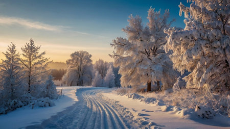 Beautiful winter landscape with road and trees covered with frost at sunset