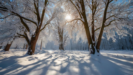 Winter landscape with trees covered with hoarfrost and sunbeams