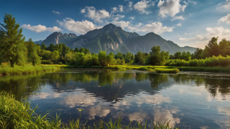 Beautiful mountain landscape with river and blue sky. Panorama.の写真素材