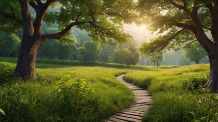 Wooden path in the green forest with sunbeams and lens flare