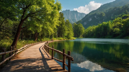 Wooden walkway on the lake in the mountains, summer dayの写真素材