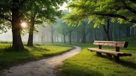 Wooden bench in the park at sunrise. Beautiful summer landscape.の写真素材