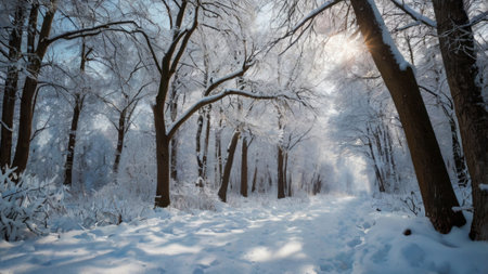 Beautiful winter landscape with snow-covered trees and sunbeams