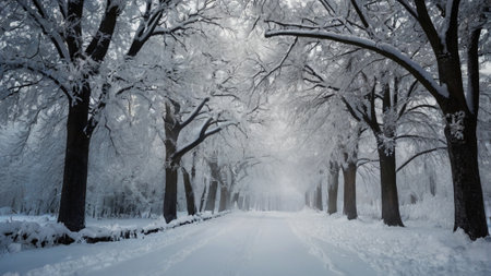 Winter road in the park with trees covered with hoarfrost.