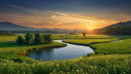 Sunset over the river and meadows in the mountains. Landscapeの写真素材