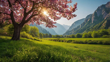 Cherry blossoms in the mountains. Spring landscape. Sunny day.の写真素材