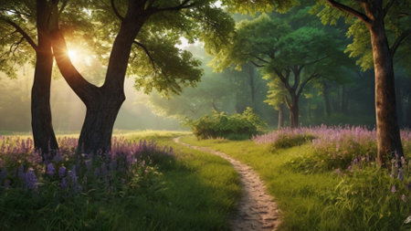 Sunrise in the forest with purple lupine flowers and path
