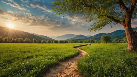Panoramic view of a path through a green meadow in the mountains
