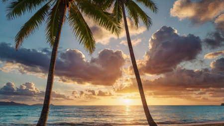 Palm trees on the beach at sunset, Seychellesの写真素材