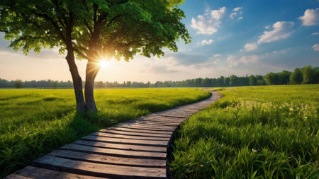 Wooden walkway through green meadow at sunset. Nature backgroundの写真素材
