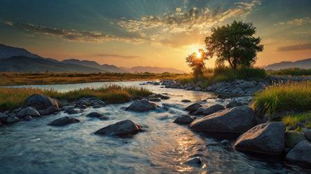 Mountain river at sunset in the Altai Republic, Russia.の写真素材