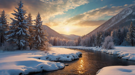 Beautiful winter landscape with snow covered trees and mountain river at sunsetの写真素材