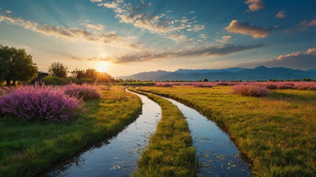Landscape of blooming heather field with sunset in the backgroundの写真素材