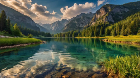 Panoramic view of the Alpsee lake in Tyrol, Austriaの写真素材