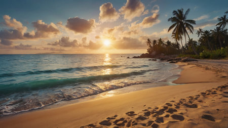 Tropical beach with palm trees at sunset, Seychellesの写真素材