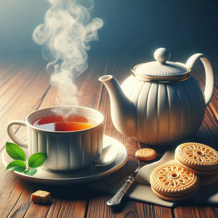 Tea cup with cookies and tea pot on a wooden table. Toned.の写真素材