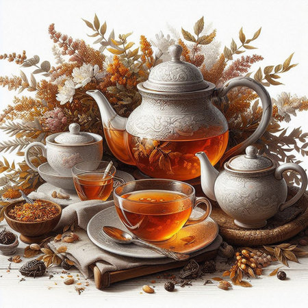 Tea set on a white wooden background. Vintage style. 3d renderの写真素材