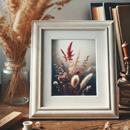 Wooden frame mockup with dry flowers and books on wooden table