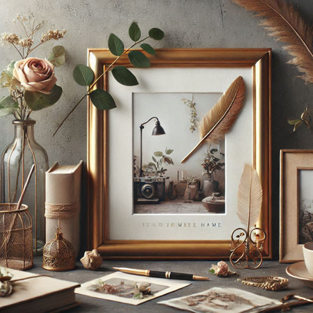 Vintage photo frame mockup, books, pen, feather, vase with plant, feathers and other decoration.の写真素材