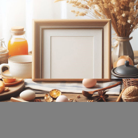 Blank photo frame mockup with rustic kitchen utensils.の写真素材