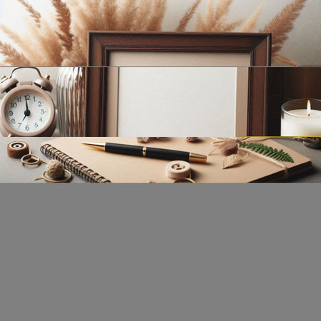 Blank photo frame, alarm clock, pampas grass and accessories on table