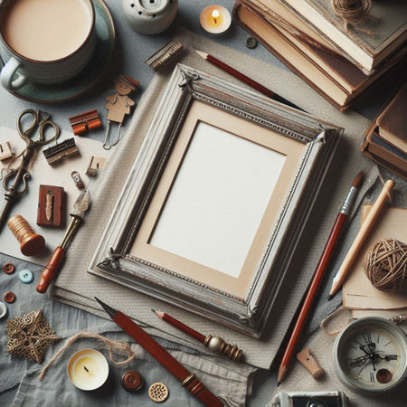 Vintage photo frame, coffee cup, craft tools and other items on gray background, top view