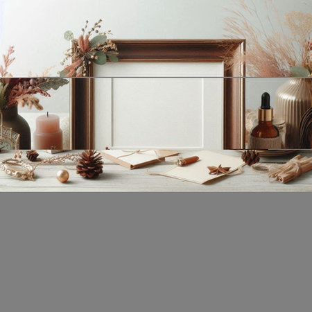Wooden frame mockup with christmas ornaments, candles, dried flowers and branches on white wooden...