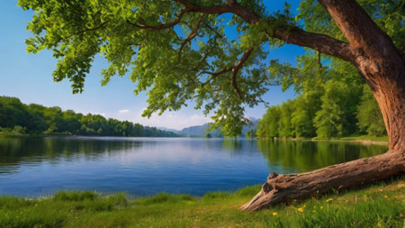 Beautiful summer landscape with a lake and a tree on the shoreの写真素材