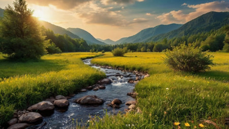 Mountain river in the mountains at sunset. Beautiful summer landscape.の写真素材