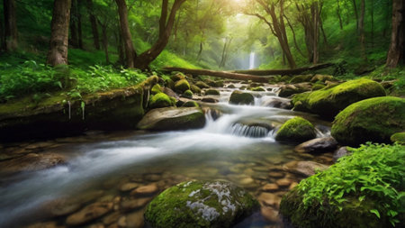 Mountain stream in the green forest. Long exposure. Beautiful nature scene.の写真素材