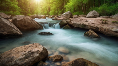Long exposure of a mountain river flowing through the woods with rocks in the foregroundの写真素材