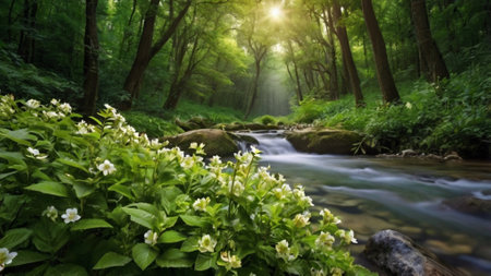 Mountain stream in the forest with white flowers and green leaves.の写真素材
